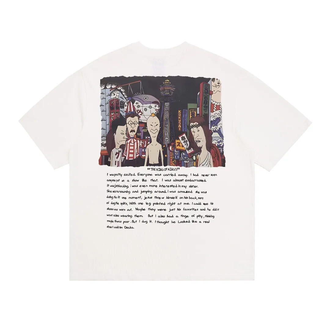 Saint Michael's spoof cartoon character TEE print distressed retro Vintage loose short-sleeved half-sleeved top. Directly sprayed with digital white ink. The fabric is breathable and the pattern is three-dimensional and clear. Fabric: Double yarn 240g Style number: S919 Size: S-M-L-XL Color: White Price: P110